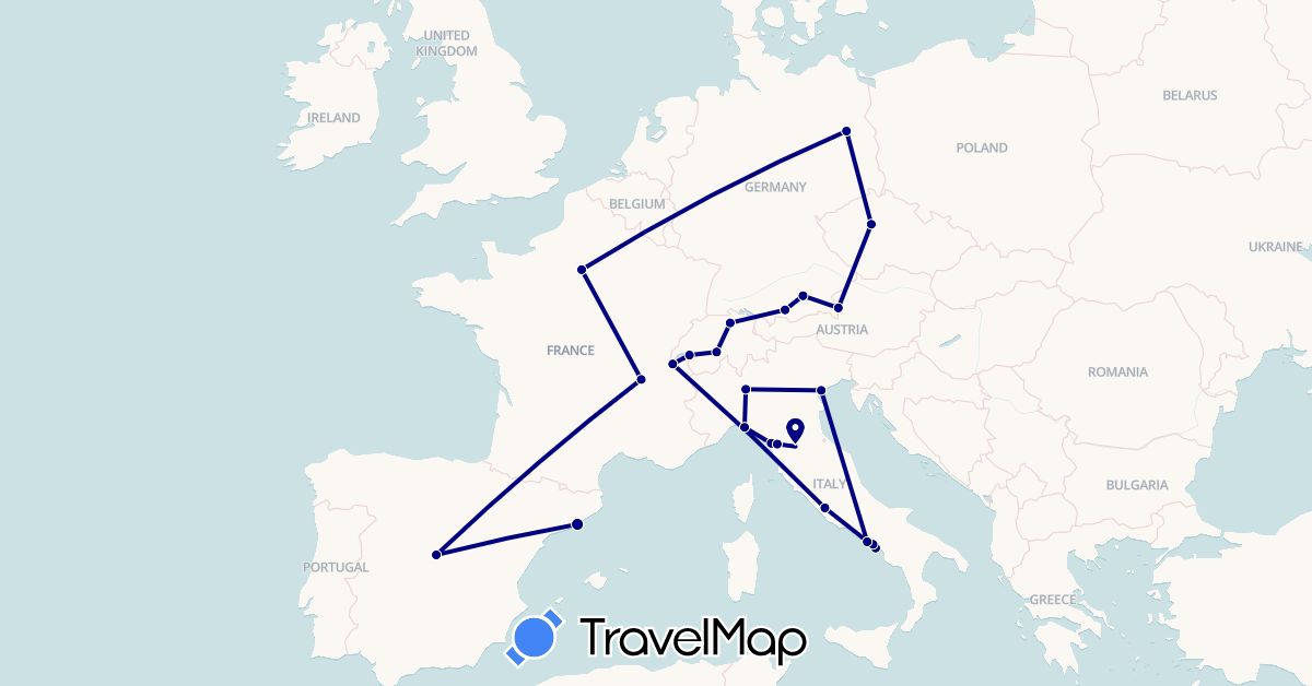 TravelMap itinerary: driving in Austria, Switzerland, Czech Republic, Germany, Spain, France, Italy (Europe)